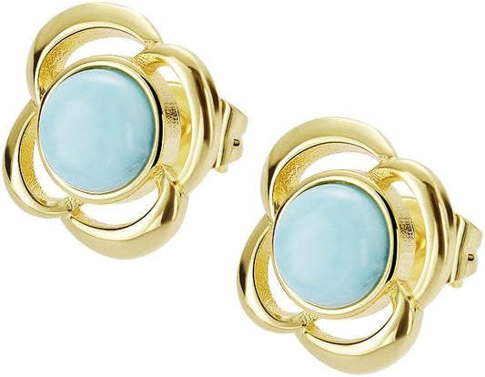 Larimar Stone Stud Earrings for Women, Gold Plated Brass