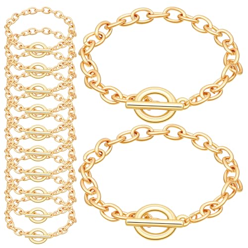 12 PCS Chains Bracelets for Jewelry Making, Gold Stainless Steel Charm Bracelet Chains Link Chain Bracelets with OT Toggle Clasp DIY Jewelry Making Chain for Women Men DIY Crafts Supplies Gifts