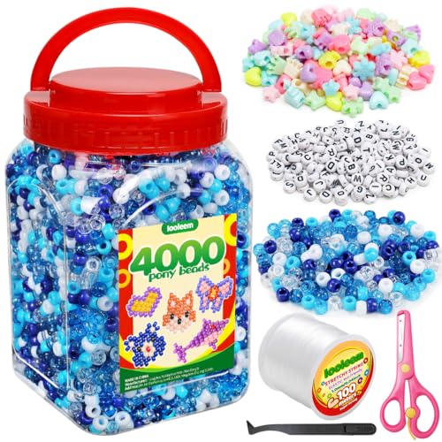 IOOLEEM Blue Solid & Glitter Bulk Pony Beads - 4000pc Kit for Friendship Bracelets & Jewelry Making, Easy Storage - color: Blue & Glitter
