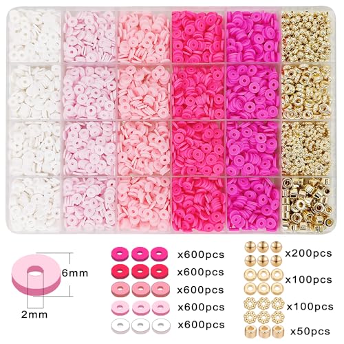 MIIIM Pink Clay Bead Bracelet Kit, Heishi Beads, Flat Clay Beads and Gold Spacer Beads for Jewelry Making, Friendship Bracelet Beads Kit for Crafts, Concert, Raves, Gifts - color: Pink