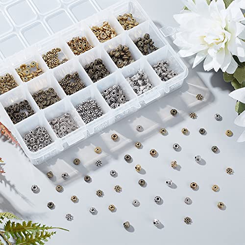 PH PandaHall 900pcs Metal Spacer Beads, 6 Style Tibetan Gear Bicone Flower Beads Alloy Jewelry Loose Beads for Bracelet Necklace Earring Jewelry Making(Antique Silver, Antique Bronze and Golden)