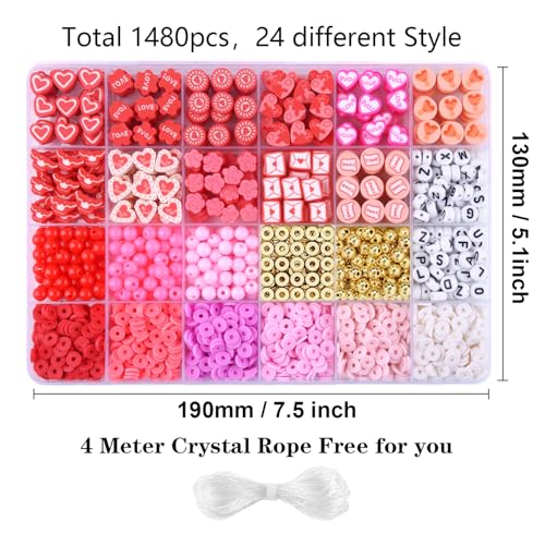 1480pcs Valentine's Day Polymer Clay Beads Charms Friendship Bracelet Necklace Earring Jewelry Making kit, Accessories for Arts Crafts DIY Birthday Gifts for Women Girls Children - color: C5#Valentine