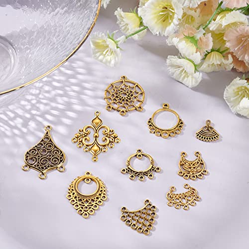 SUNNYCLUE 1 Box 10 Styles Chandelier Connector Charms Component Links Alloy Hollow Filigree Pendants Flat Round Teardrop Triangle Shape for Jewelry Making Earring Supplies,Antique Gold - color: 40pcs 10 Styles Antique Golden