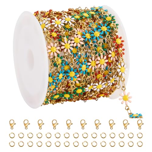 SMYHTGLIF 9.8 Feet Gold Daisy Jewelry Chain Stainless Steel Chain for Jewelry Making Colorful Flower DIY Making Findings - color: Colorful Gold