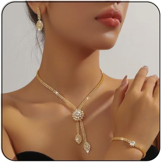 Rhinestone Earrings Necklace Bracelet Set for Women,Vintage Flower Crystal Earrings Necklaces Sparkly Bridal Necklace Bracelet Set Wedding Party Jewelry