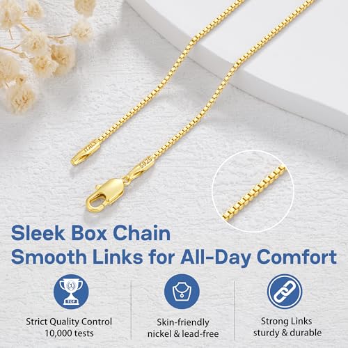 Jewlpire 1.3mm Box Chain 14K Gold Plated 925 Sterling Silver Chain Necklace for Women, Thin & Sturdy Womens Chains Necklace 14 16 18 20 22 24 26 Inches - color: 14K Gold Plated, size: 22 Inches