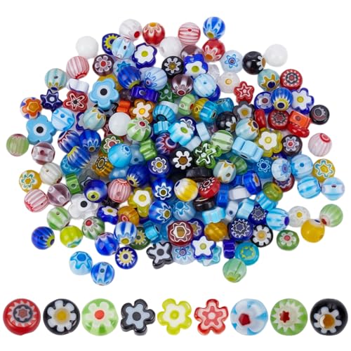 1 Box 190PCS 4~6MM Millefiori Lampwork Glass Beads with Holes Flower Flat Round Mixed Color Handmade Floral Spacer Loose Bead Bulk for Jewelry Making Necklace Bracelets DIY Craft Supply - size: 190Pcs, style: Mixed