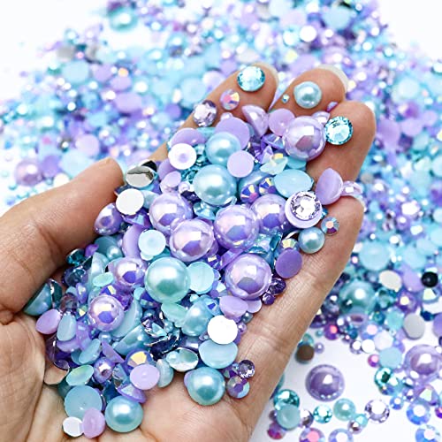 60g Flatback Pearls and Rhinestone Mix, 2mm-10mm Mixed Size Flatback Rhinestones and Pearls for Crafts Tumblers Shoes Nails Face Art, Purples|Aquamarine - color: Miss Mermaid Blend | Mix Purples | Aquamarine