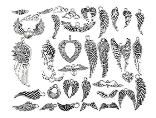 Assorted Angel Wings Feathers punk Charm Pendant Connector for DIY Jewelry Making Accessaries(36pcs,Antique Silver Tone)