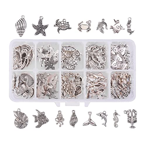 PH PandaHall 90pcs 15 Style Ocean Fish Charms Tibetan Seashell Marine Pendants Antique Silver Animal Sea Creatures Charms Pendants for Wakiki Hawaii DIY Bracelet Necklace Keychain Jewelry Making - color: 15 Styles Sea Creatures - 90pcs