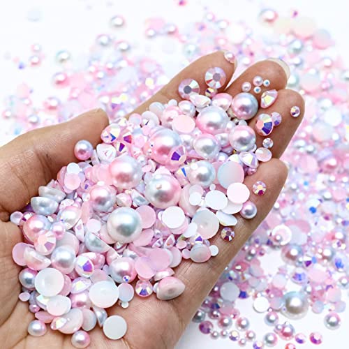60g Mix Flatback Pearls and Rhinestones, 2mm-10mm Jelly Rhinestones and Half Pearls for Tumblers Shoes Nails Face Art, Pearl Rhinestone Mix for Bedazzling, White|Pinks - color: Daydream Blend | Mix White | Pinks