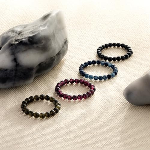NLIEO Natural Gemstone Stretch Beaded Rings for Women Stackable Dainty Elastic Crystal Rings Jewelry - style: Black Onyx