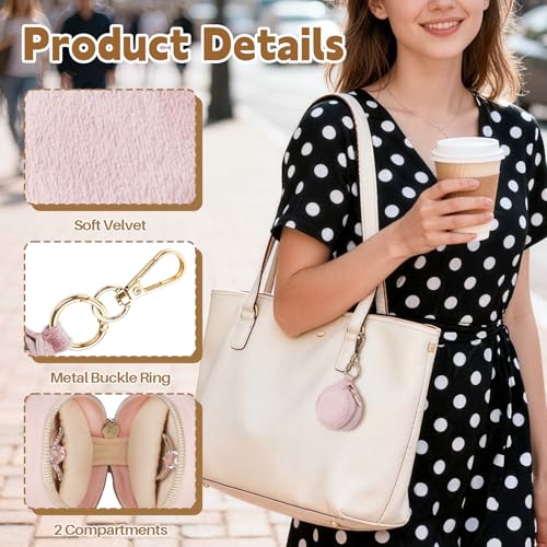 Jewelry Ring Holder Keychain, 2 Pack Velvet Jewelry Holder Storage Box with Buckle, Portable Small Travel Ring Keeper Case for Rings, Earrings, Stud, Necklaces (Pink+Dark Blue) - color: Pink+Dark Blue