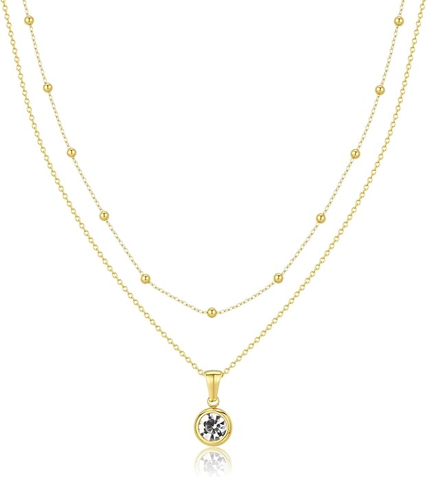 14K Gold-Plated Women's Double-Layer Birthstone Necklace Delicate Round Birthstone Pendant with a Simple Necklace, a Birthday Gift for Women Teenage Girls