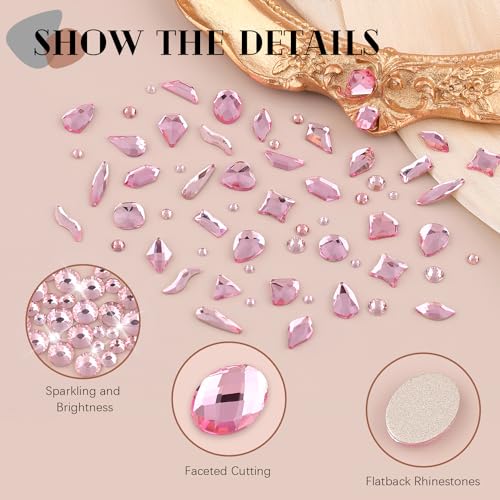 1680Pcs Pink Glass Nail Rhinestones 180Pcs Multi Shapes Flatback Nail Gems + 1500Pcs 1.5-4mm Round Crystal with Rhinestones Glue Gel, Manicure Nail Charms Diamond Gemstones for Nail Art - color: Pink with Glue