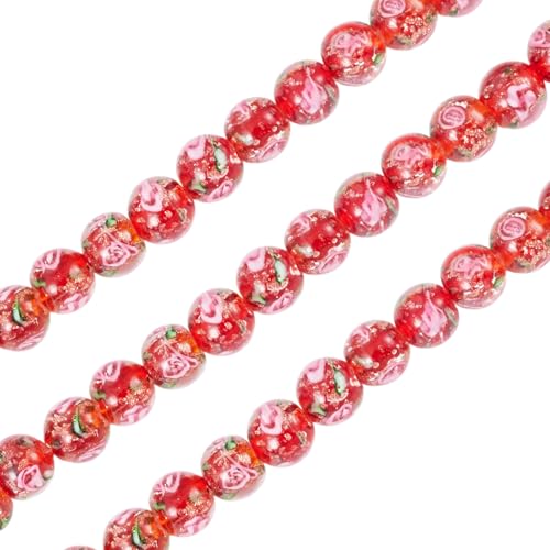 Cheriswelry 40Pcs/Strand Flower Lampwork Beads 10mm Round Glass Loose Spacer Beads Gold Sand Handmade Craft Bead for Rosary Jewelry Crafts DIY Bracelet Necklace Earring (Red) - color: Red