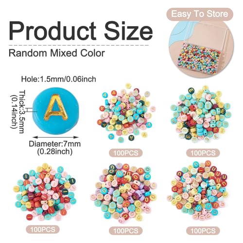FASHEWELRY 500Pcs 7x3.5mm Flat Round Letter Beads Bulk Colorful Acrylic Beads with Golden Vowel Letter Bead Loose Spacer Alphabet Beads for Bracelets Earring Necklace Jewelry Making Supplies