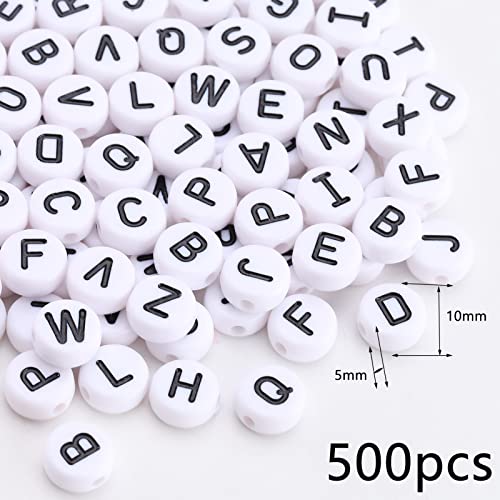 500 Pcs Black on White Alphabet Beads Round Acrylic Letter Beads 10mm White Letter Bead Alphabet A-Z Bead forJewelry Making DIY Friendship Bracelet Necklace Earrings - color: black-white