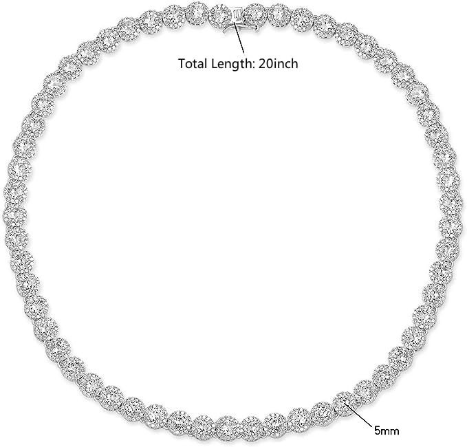 Gemsme 18K White Gold Plated Halo Necklace 5.0mm Round Cubic Zirconia Classic Tennis Necklace - color: White Gold, size: 20 inch