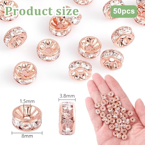 PH PandaHall 50pcs Rondelle Spacer Beads, 8mm Crystal Rhinestone Round Beads Sparkling Czech Rhinestone Loose Bead with 1.5mm Hole for Bracelet Necklace Earring Pendant Jewelry Craft, Rose Gold - color: Rose Gold, size: Diameter 8mm