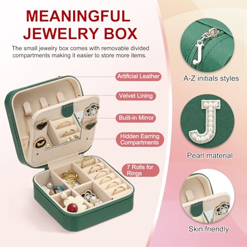 PATIKIL Travel Jewelry Case, J Initial Small Travel Jewelry Box Organizer Rings Earrings Storage Case Personalized Gifts for Women Girls Birthday Christmas Bridesmaid Gifts, Dark Green - style: J