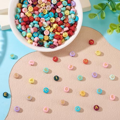 500Pcs Colorful Acrylic Beads Vowel Letter A/E/I/O/U Flat Round Capital Letter Alphabet Loose Spacer Beads for DIY Friendship Bracelet Necklace Keychain Jewelry Making 7x3.5mm - color: Colorful
