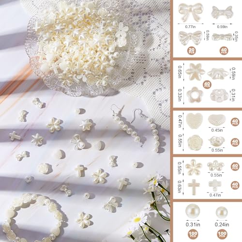 Juexica 500 Pcs ABS Imitation Pearl Beads Star Heart Bowknot Circle Flower White Aesthetic Beads for Jewelry Making Bracelets Necklaces Earrings Key Chains Accessories DIY Crafts(Elegant Style) - color: Elegant Style