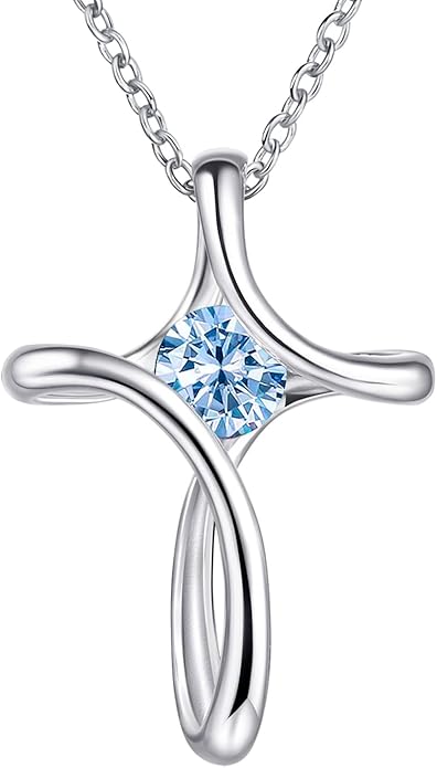 Cross Necklace for Women, 925 Sterling Silver Birthstone Necklace for Women with Diamond Sideways Cross Necklaces Birthstone Jewelry Birthday Gifts for Womens