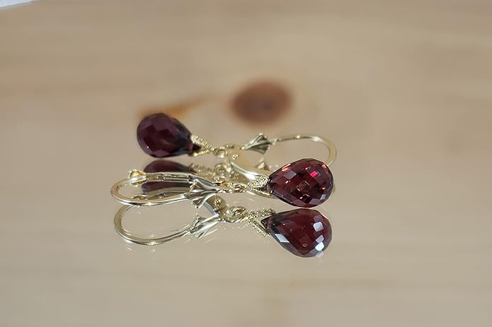 Galaxy Gold GG 14k Solid Gold Jewelry Set: Natural Briolette Garnet Pendant Necklace and Dangle Earrings