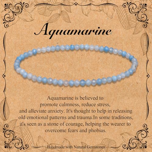 BONNY BOXX Natural Genuine Gemstone Faceted Round Beads Bracelets, 3mm Adjustable Stretchy Tiny Faceted Black Tourmaline Bracelet, Healing Crystal Reiki Chakra Dainty Jewelry Fashion Gifts - color: Aquamarine