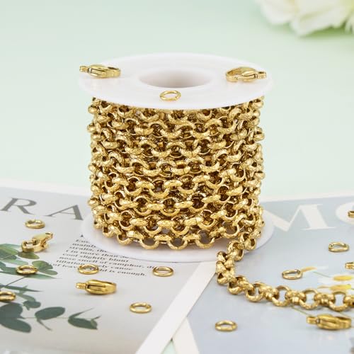 KYUNHOO 9.8FT/3M Gold Chain for Jewelry Making Textured Circle Links on Spool Stainless Steel Jewelry Chains Bulk for Necklace Bracelet DIY with Lobster Clasps Jump Rings - color: Circle Gold
