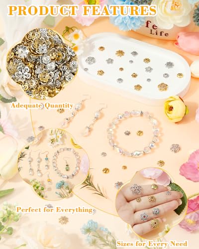 FIVEIZERO 240Pcs Gold Flower Bead Caps for Jewelry Making, 18 Styles Filigree Spacer Caps, Multi-Petal Design, 6mm–16mm for Earrings, Bracelets & Necklaces - color: Gold