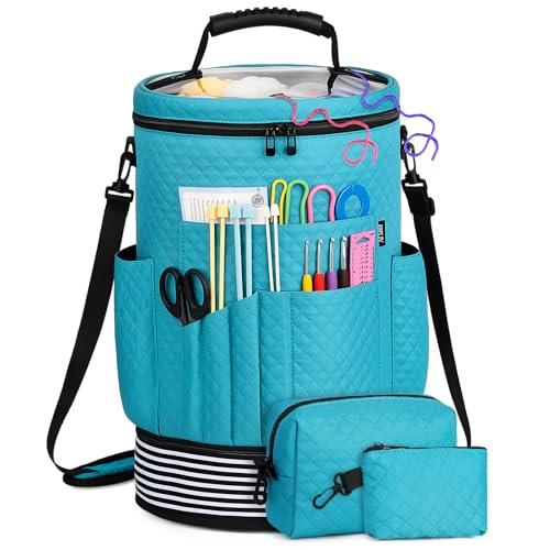IBFUN Crochet Yarn Knitting Bag 3PCS - Expandable Yarn Storage Organizer Crocheting Bag with Accessories Cases Adjustable Strap for Hooks, Needles, Accessories, Crochet Lovers, Supplies, Beginners - color: Blue