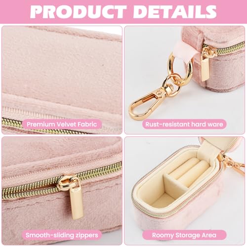 Velvet Mini Travel Jewelry Case, 2 in 1 Ring Holder Keychain + 50 Plastic Earrings, Portable Small Jewelry Organizer for Women, Travel/Gym/Wedding/Bridesmaid Gift - color: pink