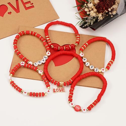 6PCS Valentine’s Day Clay Heishi Bracelet Set for Women- Red Pink Heart Love KISS XOXO Beaded Stretch Bracelets - Handmade Polymer Clay Crystal Glass Stackable Jewelry Gift for Galentine's Anniversary - color: LOVE-03