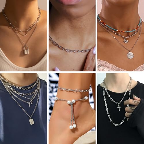 Kyutong 32.8 Feet Flat Oval Paperclip Jewelry Chain Link Silver Stainless Steel Chain Necklace Long Crafting Chains with Lobster Clasps and Open Jump Rings - color: Oval Paperclip Silver