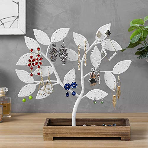 MyGift Earring Storage Rack Organizer, White Metal Jewelry Tree, Necklace and Bracelet Hanger with Wooden Ring Tray Trinket Holder - Holds 68 Pairs of Earrings - color: White