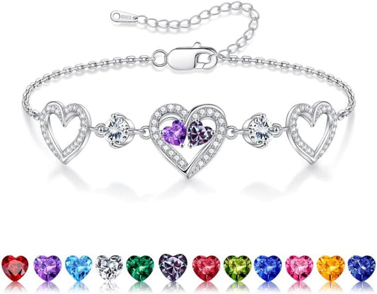 Iefil Valentines Day Gifts for Her - 925 Sterling Silver Heart Birthstone Bracelet Birthday Anniversary Jewelry Gifts for Her Wife
