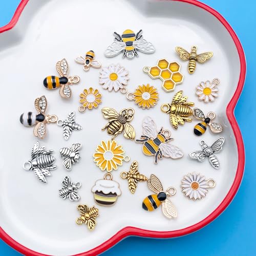 Youdiyla 50pcs Alloy Antique Silver Enamel Bee Daisy Set Pendant Jewelry Making DIY Keychain Earrings Pendant Various Design Charms for Jewelry Making Bracelets Necklace (SN1009) - color: SN1009