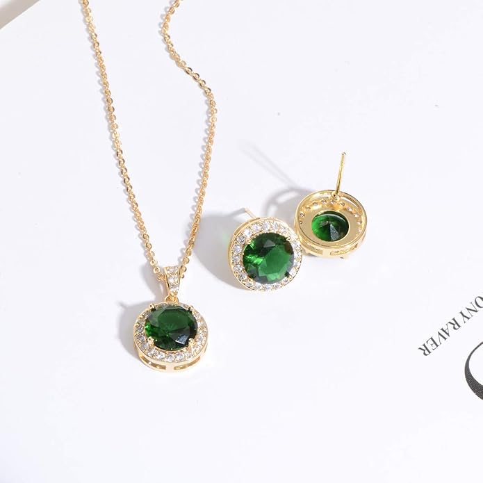 Bridal Crystal Jewelry Set - Sterling Silver Round Cubic Zirconia CZ Rhinestone Halo Birthstone Pendant Necklace Stud Earrings Set for Wedding Bride Bridesmaids Birthday Gift
