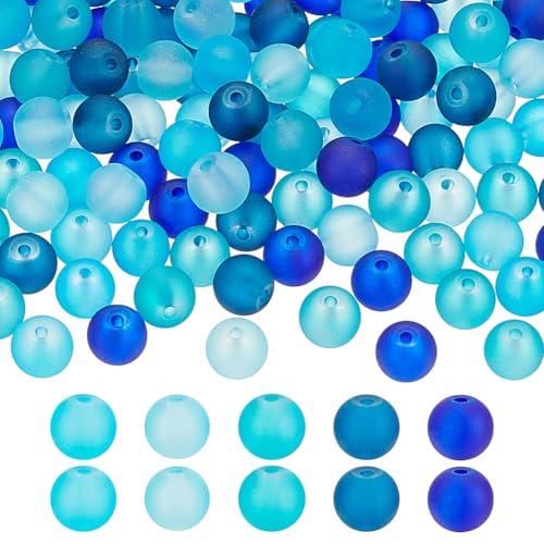 PH PandaHall 200pcs Blue Frosted Glass Beads 8mm Round Bracelet Bead 5 Colors Transparent Frosted Crystal Beads Glass Jewelry Loose Bead for Summer Beading Necklaces Bracelets Jewelry Making - color: Blue