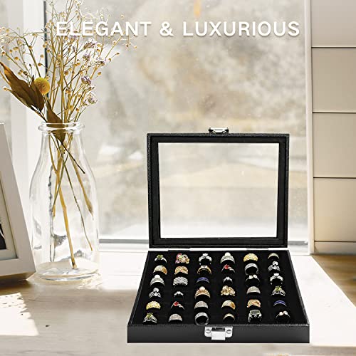 Ring Jewelry Organizer Box, 36 Slots Rings Display Storage Case Earring Showcase - Black Velvet Jewelry Stand Holder Tray with Transparent Glass Lid - Ideal Gift for Women Girl - size: 36 Slot