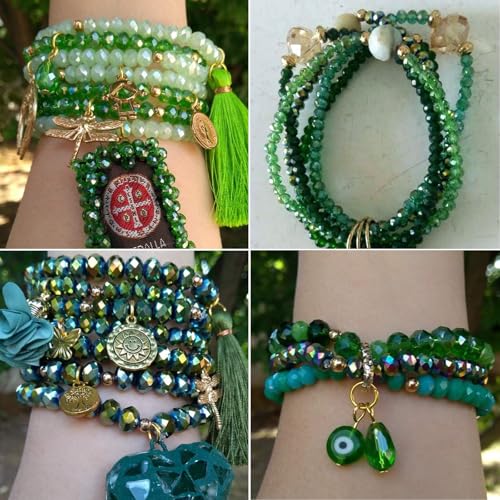 390pcs Glass Beads for Bracelets Making, 8mm Green Series Faceted Crystal Loose Bulk Beads for Earring Necklace Jewelry Crafts DIY Suncatchers - color: Green