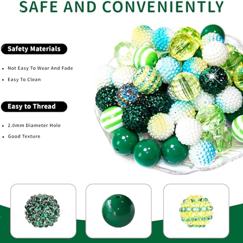 48 Pcs 20mm Beads for Pens Rhinestone Bubblegum Bead Green Crystal Acrylic Round Chunky Bead Sparkly Craft Large Balls Beads for Pen Beadable Keychain Bracelet Necklace DIY Jewelry Making Supplies - color: Green