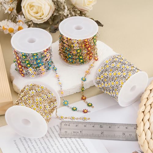 SMYHTGLIF 9.8 Feet Gold Daisy Jewelry Chain Stainless Steel Chain for Jewelry Making Colorful Flower DIY Making Findings - color: Colorful Gold