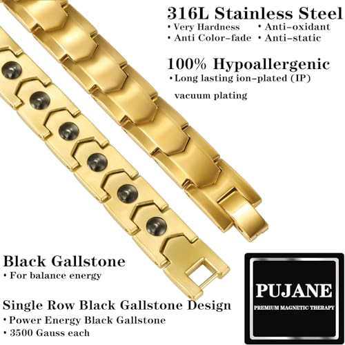 Magnetic Hematite Bracelets for Men Women 316L Stainless Steel Power Balance Energy Magnets Stones Bracelet Jewelry Gift with Adjustment Tool - color: Gold