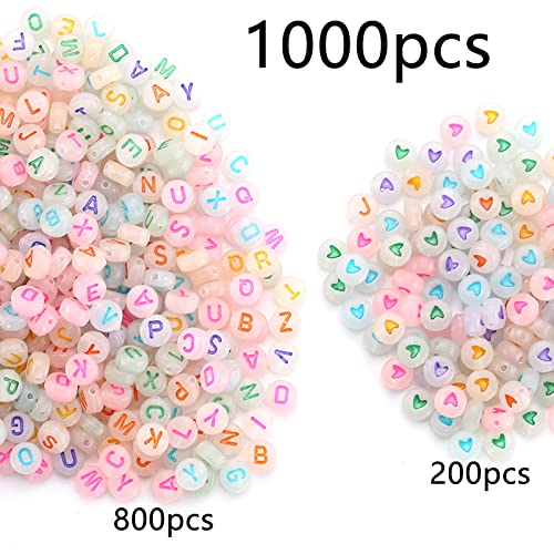ToBeIT 1000pcs Letter Beads Alphabet Letter Bead Glow in The Dark Acrylic Bead Round 4X7mm UV Letters Beads Jewelry Findings Charms for DIY Bracelet Necklace Craft Making (Glow-Heart) - color: glow-heart