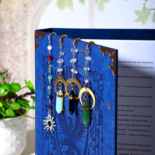 Vintage Sunshing Pendant Metal Hook Bookmark with Natural Crystal Stones and Glass Bead Chain–Elegant Bookmarks for Women,Men,Book Lovers,Girls and Teachers(Chakela) - style: Chakela