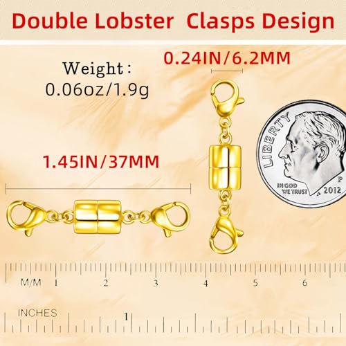 Double Lobster Clasp Magnetic Necklace Clasps and Closures 14K Gold and Silver Magnetic Jewelry Clasps Converters for Bracelet Necklaces Extender - color: 12Pcs Gold