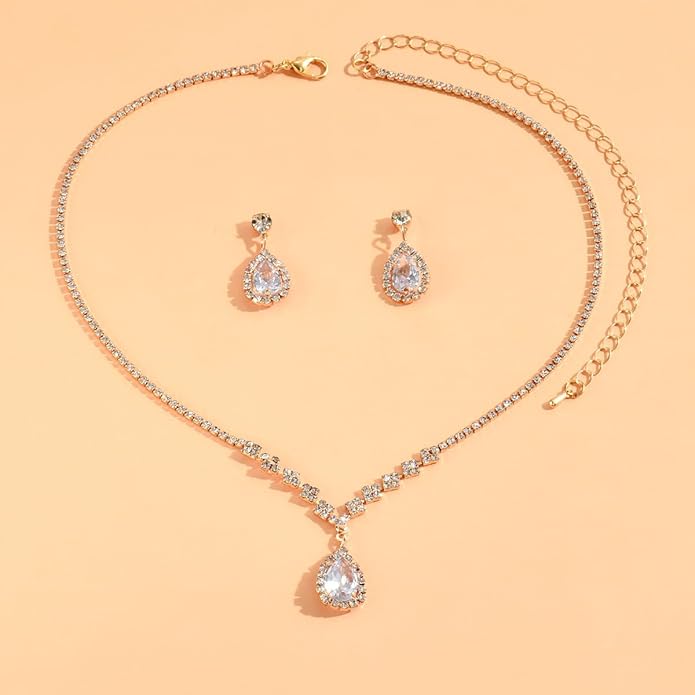 Sparkling Teardrop Halo Bridal Necklace Earrings Set For Women Statement Classic Silver Colors Adjustable Choker Style Chain